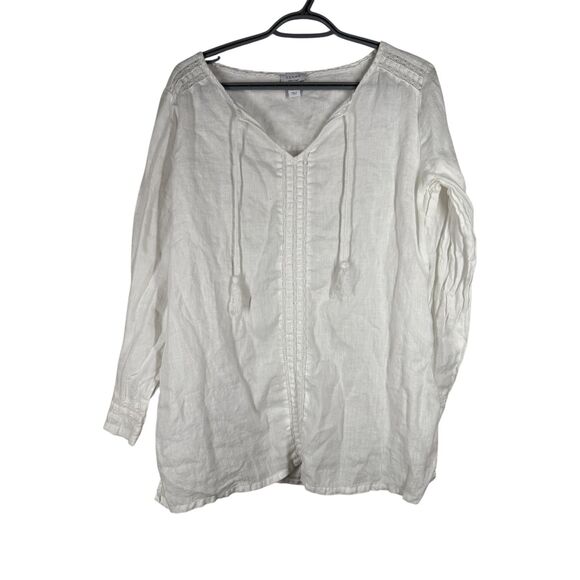 Kenar 100% Linen White Tunic Popover Top Womens Sz L Cottagecore Boho Peasant - Picture 1 of 10